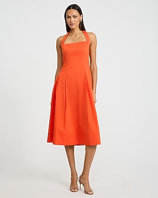 Poplin Tie Halter Square Neck Seamed Midi Dress with Pockets