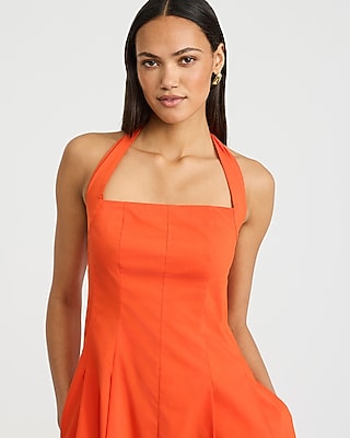 Poplin Tie Halter Square Neck Seamed Midi Dress with Pockets