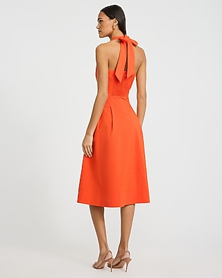 Poplin Tie Halter Square Neck Seamed Midi Dress with Pockets