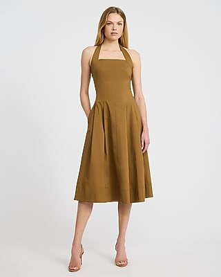 Poplin Tie Halter Square Neck Seamed Midi Dress with Pockets