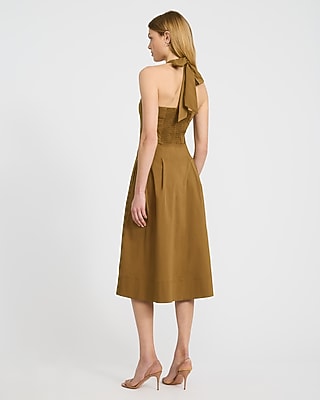 Poplin Tie Halter Square Neck Seamed Midi Dress with Pockets