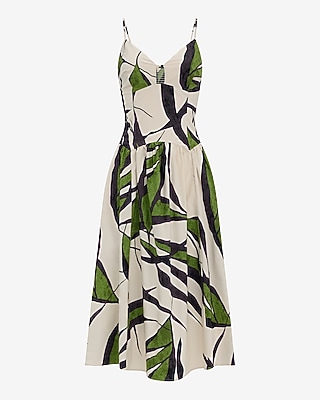 Poplin Printed V-Neck Keyhole Drop Waist Midi Dress with Pockets