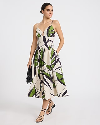Poplin Printed V-Neck Keyhole Drop Waist Midi Dress with Pockets