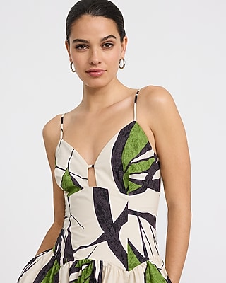Poplin Printed V-Neck Keyhole Drop Waist Midi Dress with Pockets