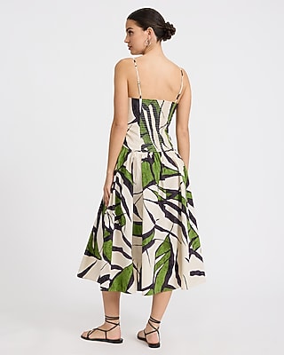Poplin Printed V-Neck Keyhole Drop Waist Midi Dress with Pockets
