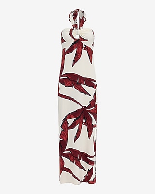 Textured Printed Tie Halter Keyhole Maxi Sheath Dress