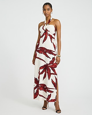 Textured Printed Tie Halter Keyhole Maxi Sheath Dress