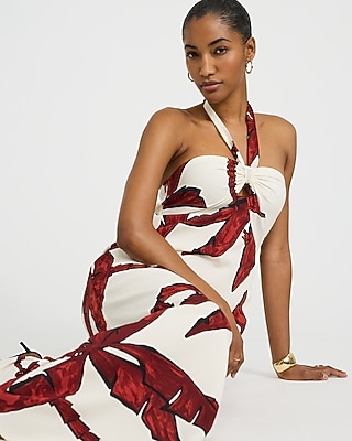Textured Printed Tie Halter Keyhole Maxi Sheath Dress