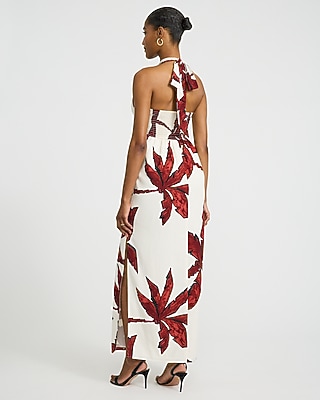Textured Printed Tie Halter Keyhole Maxi Sheath Dress