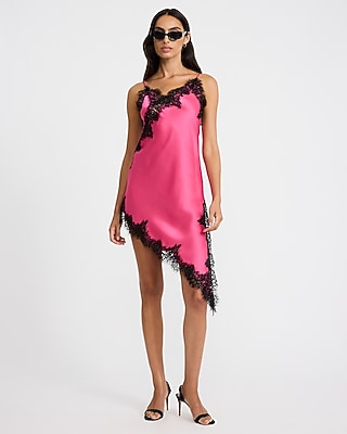 Satin Lace Trim V-Neck Asymmetrical Mini Slip Dress