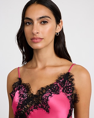 Satin Lace Trim V-Neck Asymmetrical Mini Slip Dress