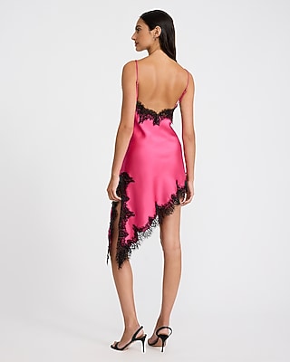 Satin Lace Trim V-Neck Asymmetrical Mini Slip Dress