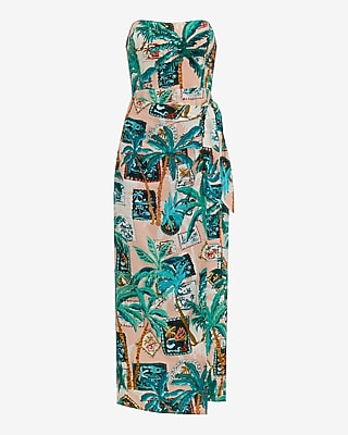 Printed Linen-Blend Strapless Wrap Tie Midi Dress