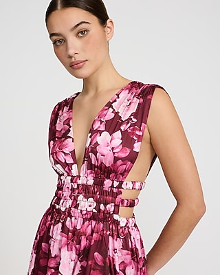 Floral Satin Strappy Pleated V-Neck Sleeveless Cutout Maxi Dress - image 2
