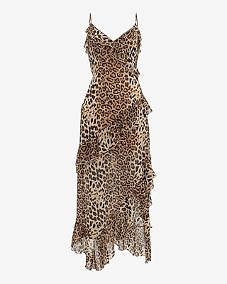 Leopard V-Neck Ruffle Slip Maxi Sheath Dress