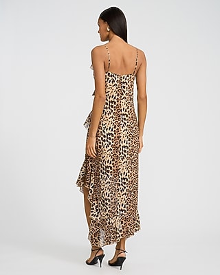 Leopard V-Neck Ruffle Slip Maxi Sheath Dress