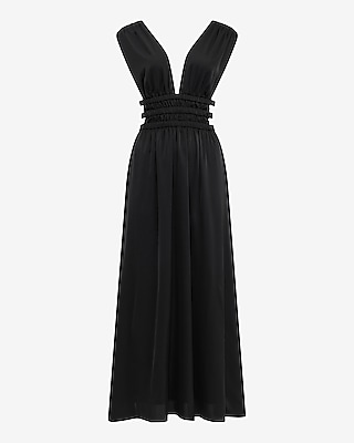 Satin V-Neck Sleeveless Strappy Ruched Cutout Maxi Dress