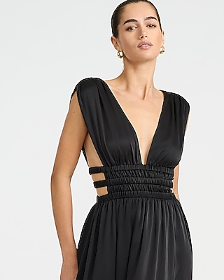 Satin V-Neck Sleeveless Strappy Ruched Cutout Maxi Dress
