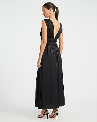 Satin V-Neck Sleeveless Strappy Ruched Cutout Maxi Dress