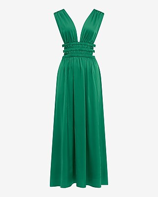 Satin V-Neck Sleeveless Strappy Ruched Cutout Maxi Dress
