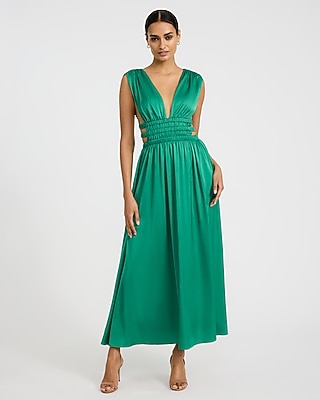 Satin V-neck Sleeveless Strappy Ruched Cutout Maxi Dress | Express
