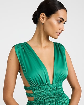 Satin V-Neck Sleeveless Strappy Ruched Cutout Maxi Dress