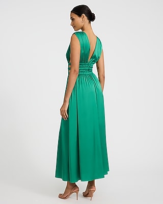 Satin V-Neck Sleeveless Strappy Ruched Cutout Maxi Dress