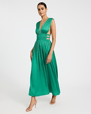 Satin V-Neck Sleeveless Strappy Ruched Cutout Maxi Dress