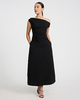 Stretch Cotton Poplin One Shoulder Pleated Maxi Dress With Pockets | Express