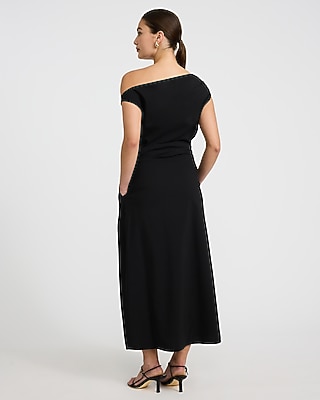 stretch cotton poplin one shoulder drop waist maxi dress Stretch Cotton Poplin One Shoulder Pleated Maxi Dress With Pockets