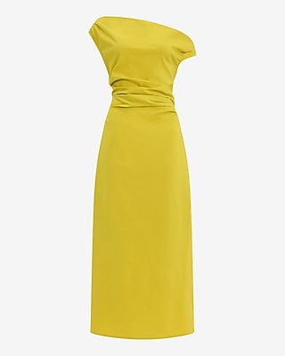 Stretch Cotton Poplin One Shoulder Pleated Maxi Dress with Pockets