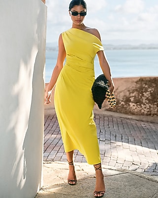 Stretch Cotton Poplin One Shoulder Pleated Maxi Dress with Pockets