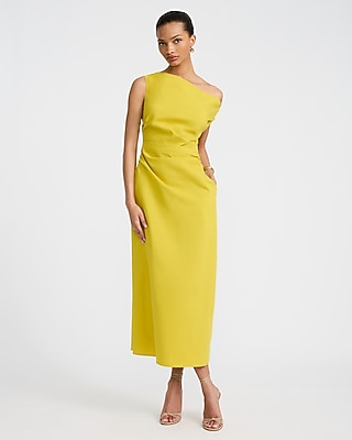 Stretch Cotton Poplin One Shoulder Pleated Maxi Dress with Pockets