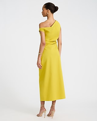 Stretch Cotton Poplin One Shoulder Pleated Maxi Dress with Pockets