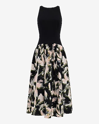 Floral Print Mixed Media Crew Neck Drop Waist Maxi Dress with Pockets