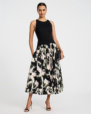 Floral Print Mixed Media Crew Neck Drop Waist Maxi Dress with Pockets