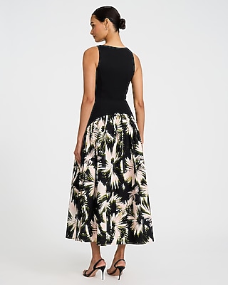 Floral Print Mixed Media Crew Neck Drop Waist Maxi Dress with Pockets