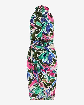Floral Halter Keyhole Twist Wrap Mini Dress