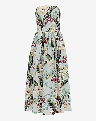 Cotton Poplin Floral Strapless Dipped Waist Midi Dress with Pockets