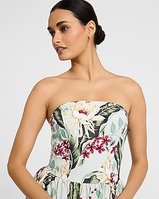 Cotton Poplin Floral Strapless Dipped Waist Midi Dress with Pockets