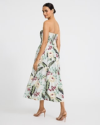 Cotton Poplin Floral Strapless Dipped Waist Midi Dress with Pockets
