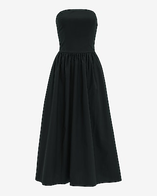 poplin strapless midi dress Cotton Poplin Strapless Dipped Waist Midi Dress With Pockets