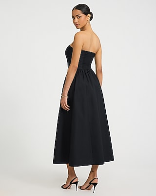 Cotton Poplin Strapless Dipped Waist Midi Dress with Pockets
