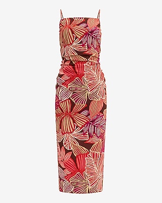 Summer-Blend Linen Floral Square Neck Ruched Midi Sheath Dress