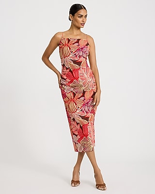 Summer-Blend Linen Floral Square Neck Ruched Midi Sheath Dress