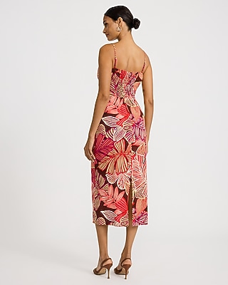 Summer-Blend Linen Floral Square Neck Ruched Midi Sheath Dress
