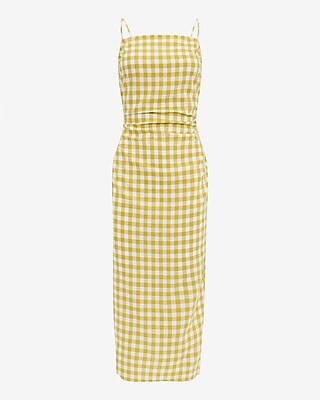 Linen-Blend Gingham Ruched Smocked Back Midi Dress