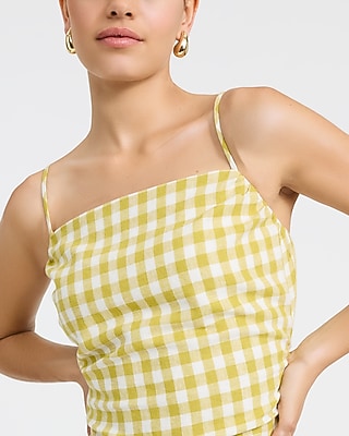 Linen-Blend Gingham Ruched Smocked Back Midi Dress