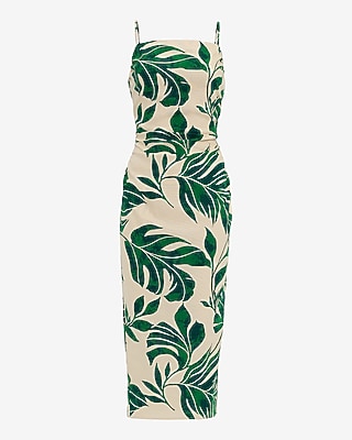 Linen-blend Printed Square Neck Ruched Smocked Back Midi Dress | Express