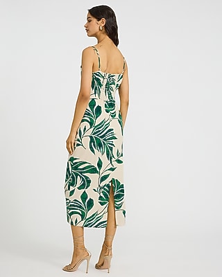 Linen-blend Printed Square Neck Ruched Smocked Back Midi Dress | Express